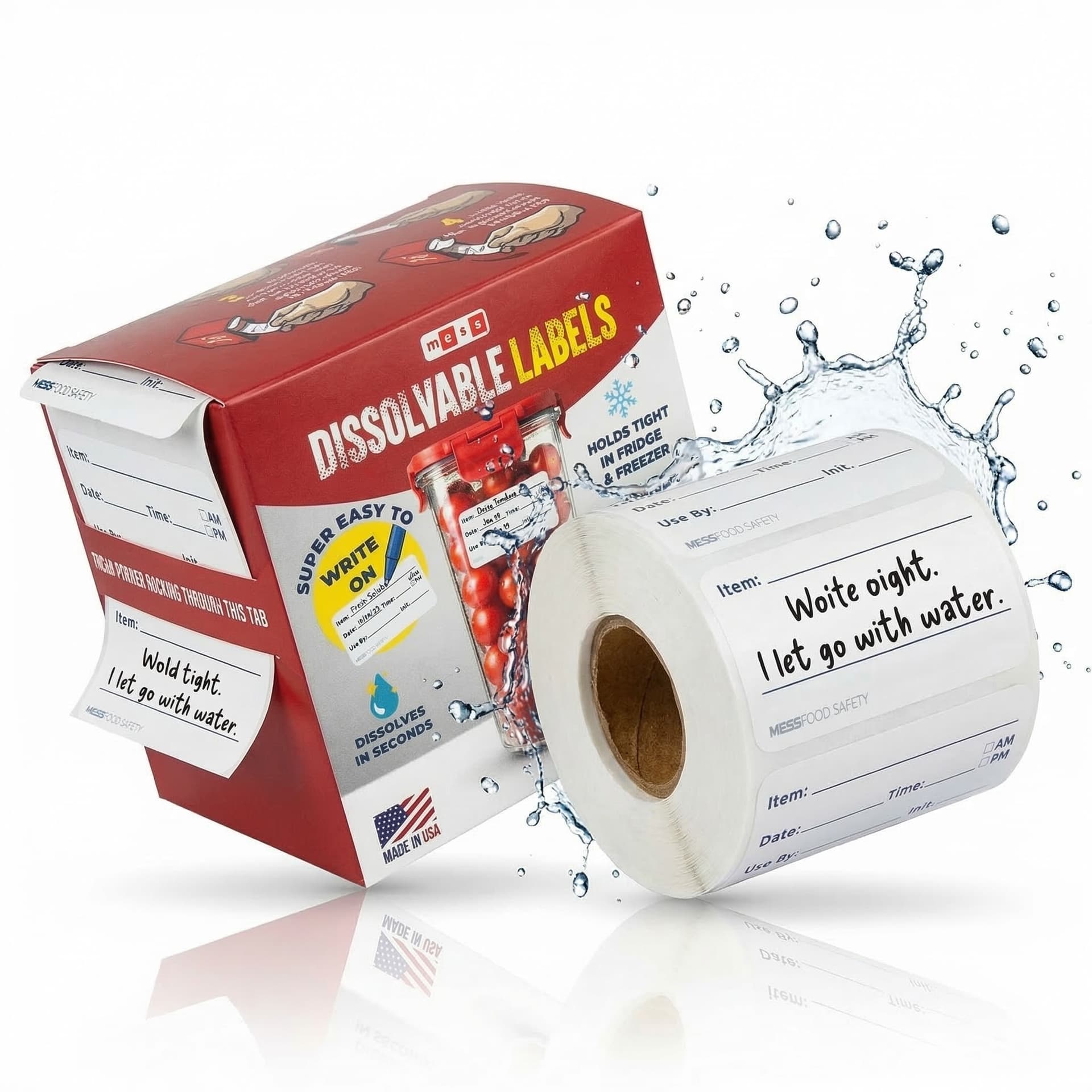 MESS Dissolvable Labels main product image with box and roll