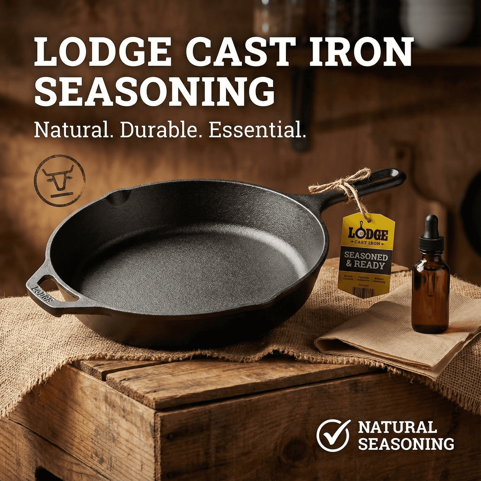 Lodge Cast Iron Skillet seasoning and care on rustic burlap